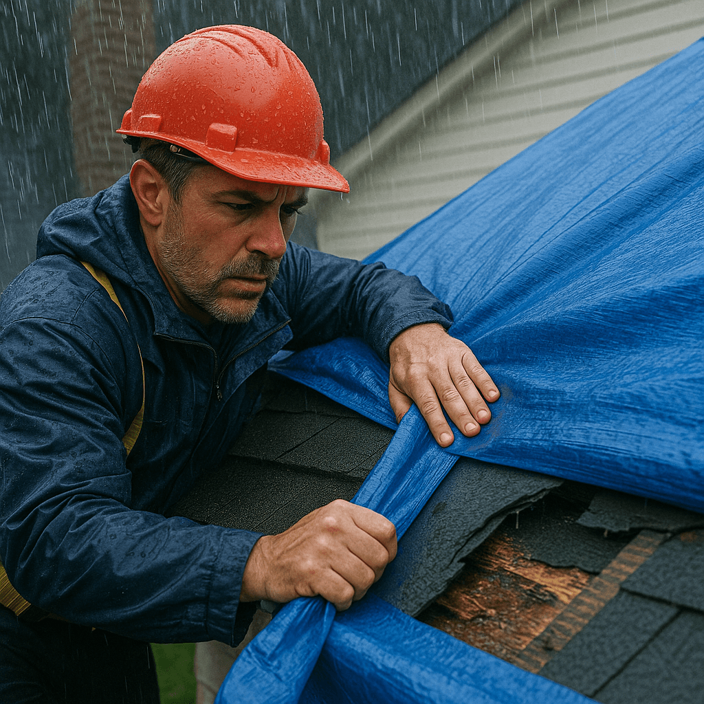 Man in rain gear securing a blue tarp over a damaged roof, emphasizing urgent roof leak repair services to prevent water damage.