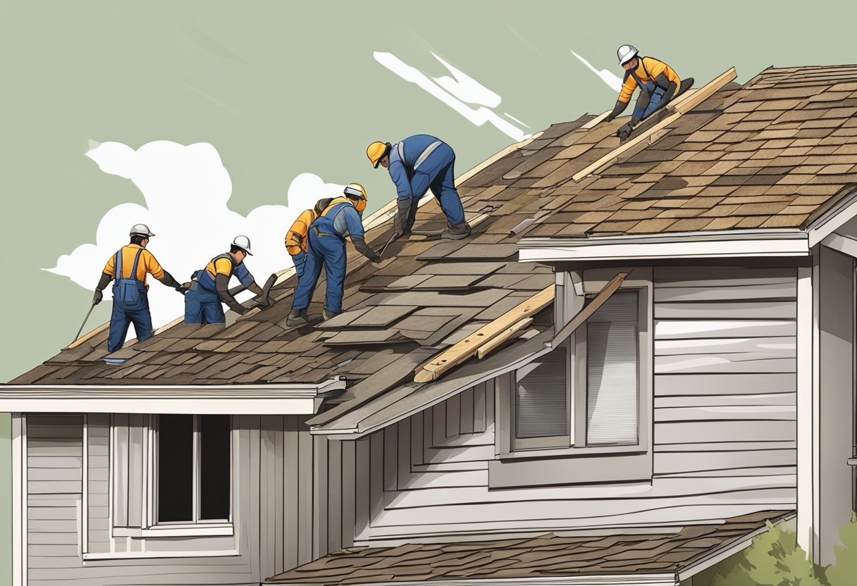 A crew of workers removes old shingles, nails, and underlayment from a residential roof, exposing the wooden decking underneath