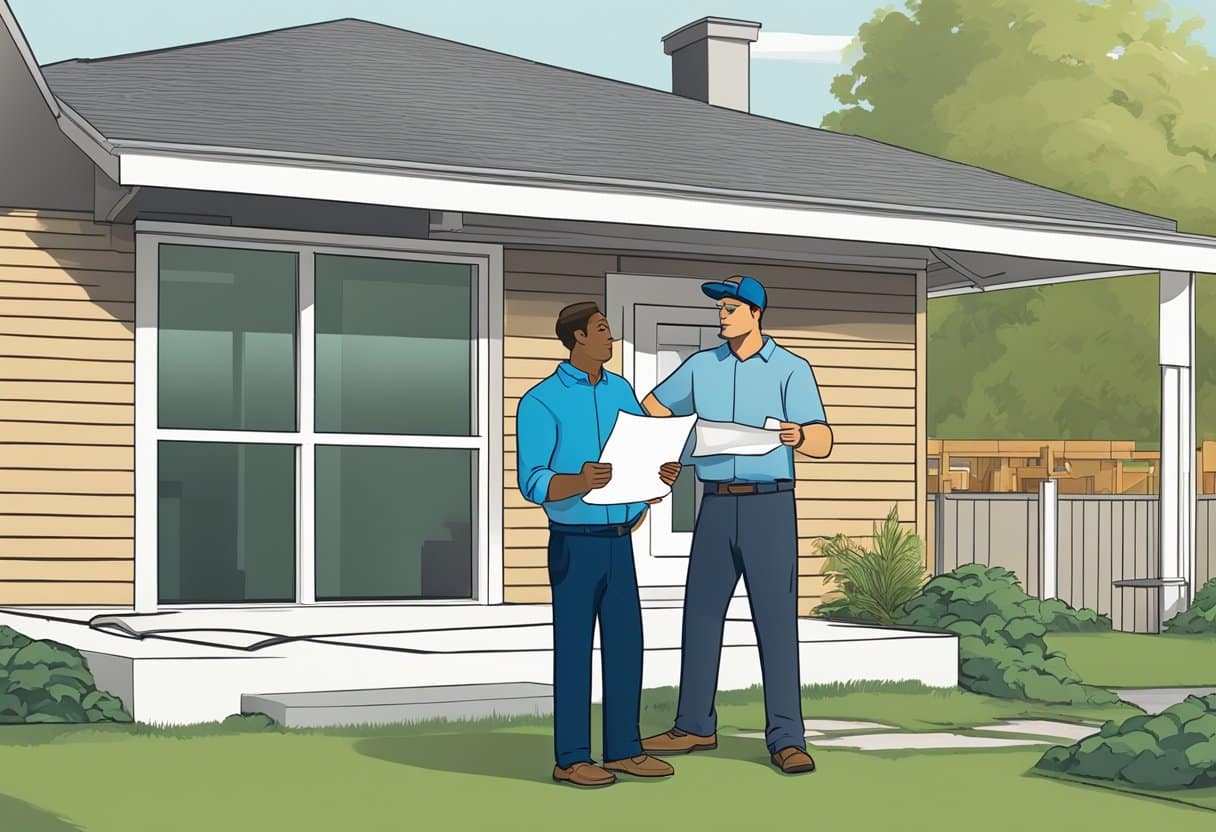 A homeowner reads a warranty document while standing next to a roofing contractor. The contractor points to key terms as they discuss coverage and limitations
