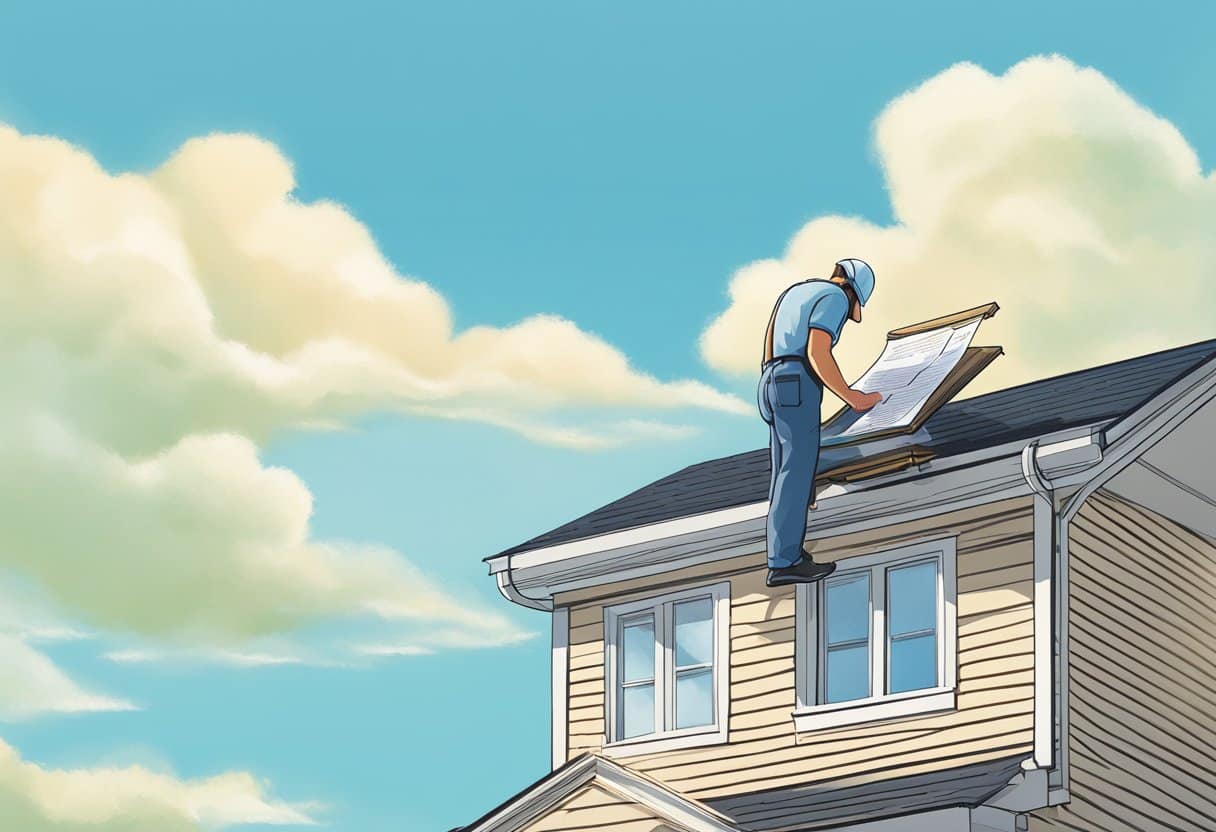 A homeowner reading through a warranty document while standing on a ladder next to a newly installed roof, with a clear blue sky in the background