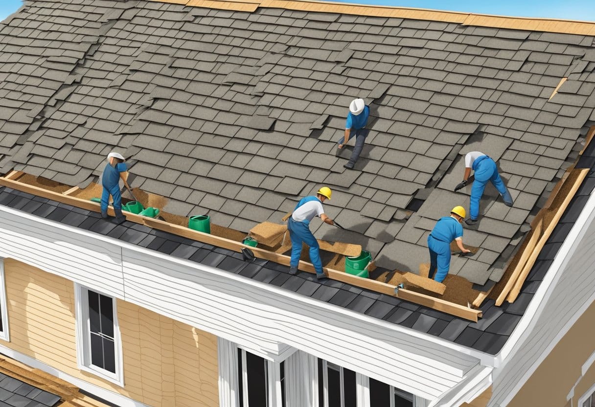 A crew of workers lays down roofing felt, followed by shingles, as the new roof takes shape on the residential home