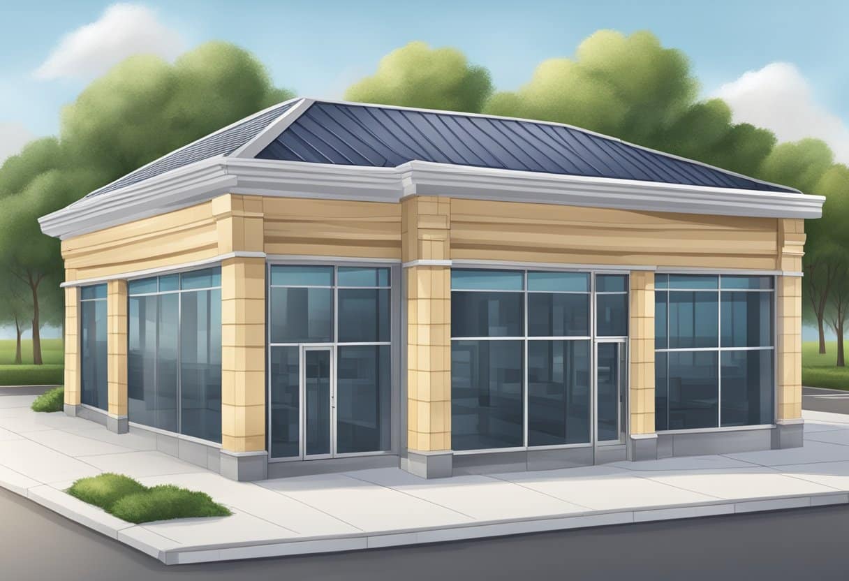 A commercial building with a sturdy, well-maintained roof, surrounded by contracts, warranties, and insurance documents