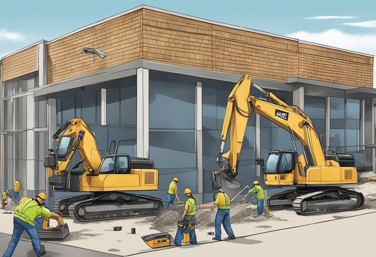 A crew of roofers installing materials on a commercial building in Austin, Texas. Machinery and tools scattered around the work site