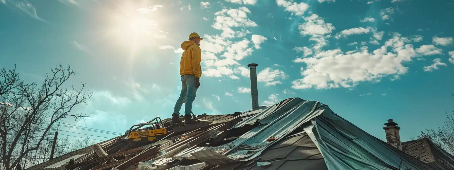 a roofer inspecting a damaged roof on a sunny day.