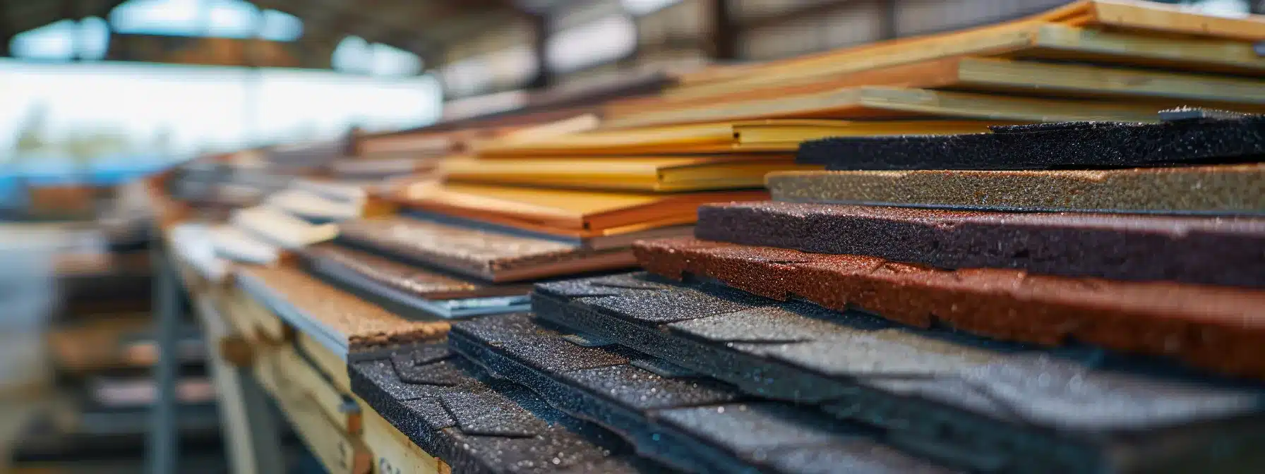 a roofer inspecting different types of roofing materials laid out on a table.