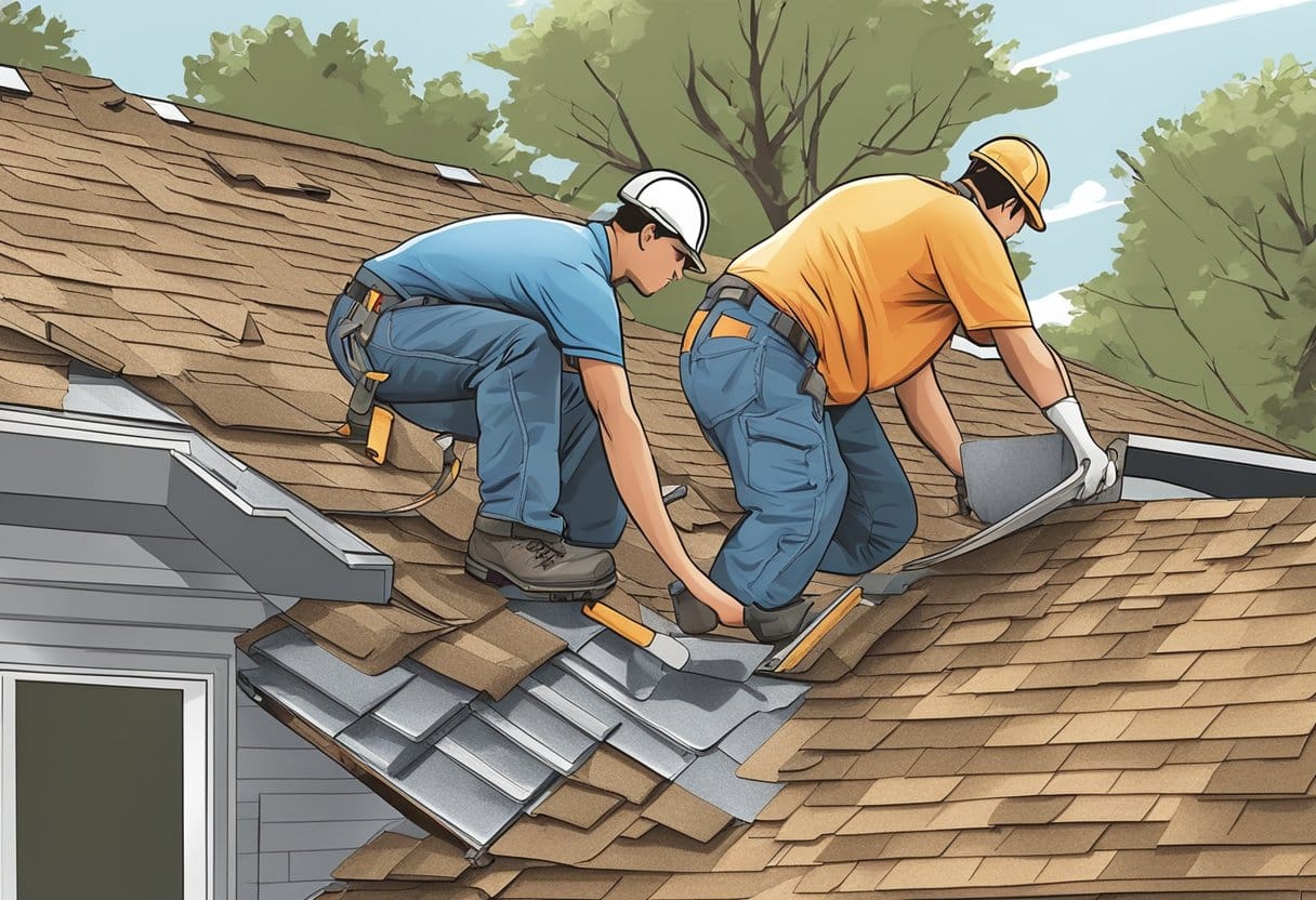 A crew of workers installs new shingles on a residential roof in Austin, Texas. Materials and tools are scattered around the work site