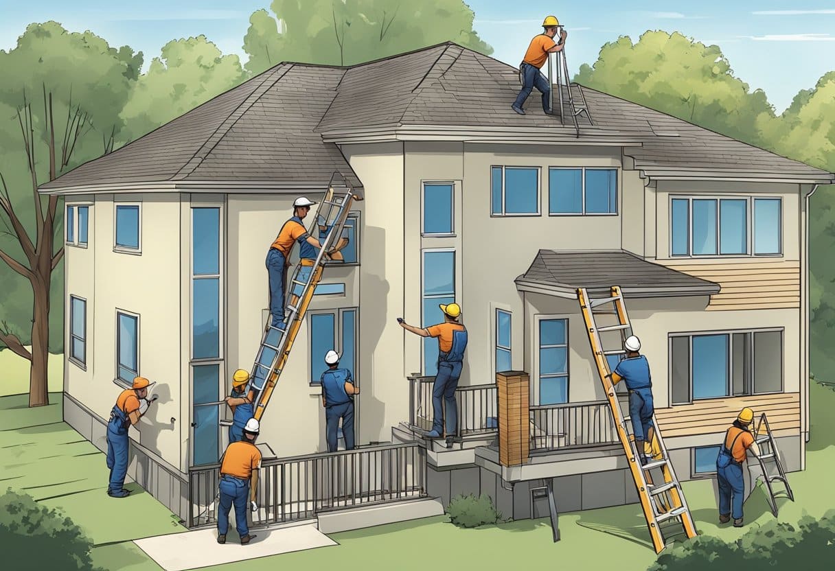 A crew of workers installs a new roof on a house in Austin, Texas, using ladders, tools, and materials