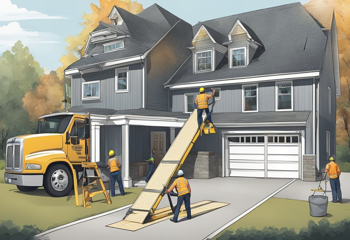 A contractor standing on a ladder, measuring the dimensions of a roof with a tape measure, while a crew unloads shingles from a truck