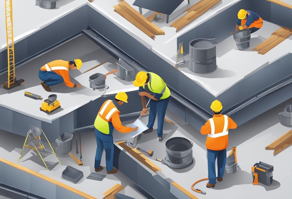 A group of workers inspecting and repairing a commercial roof, with various tools and equipment scattered around the site