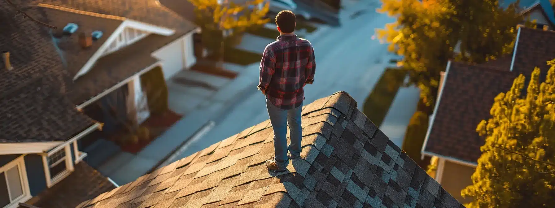 a homeowner inspecting their roof for potential issues.