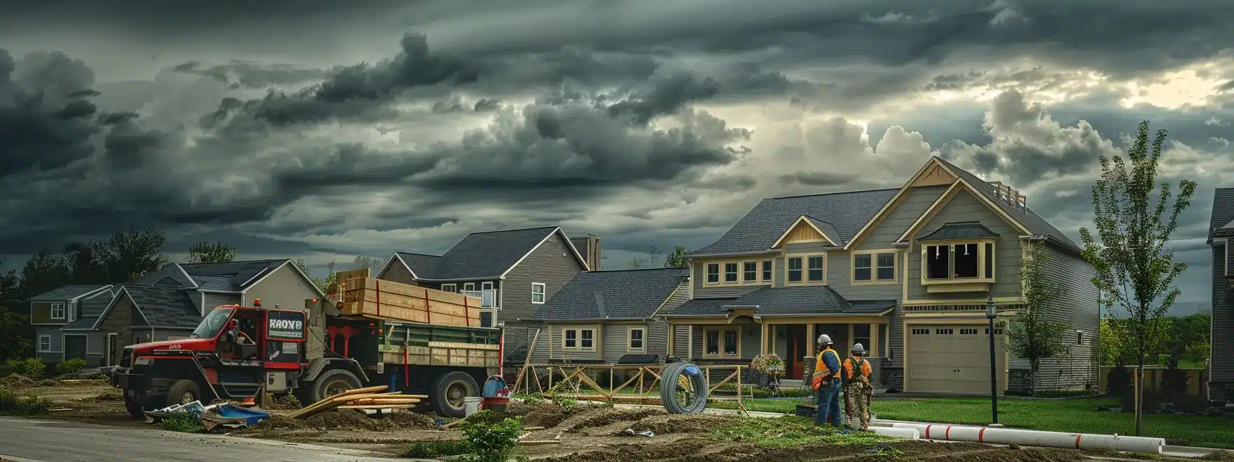 a group of roofers with a truck of tools parked outside a house under cloudy skies.