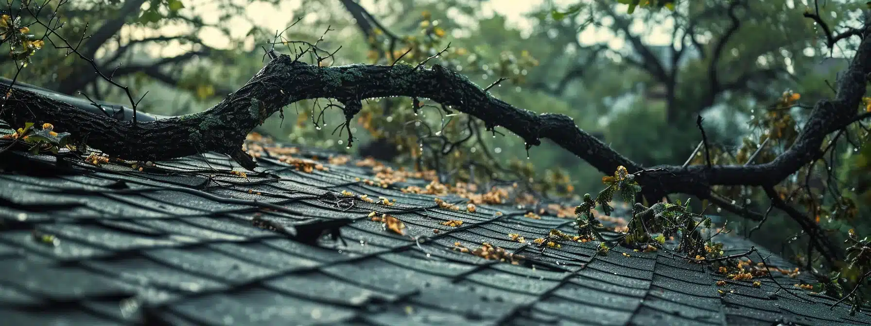 a damaged roof with shingles blown off and a tree branch fallen on top during a severe hailstorm in austin.