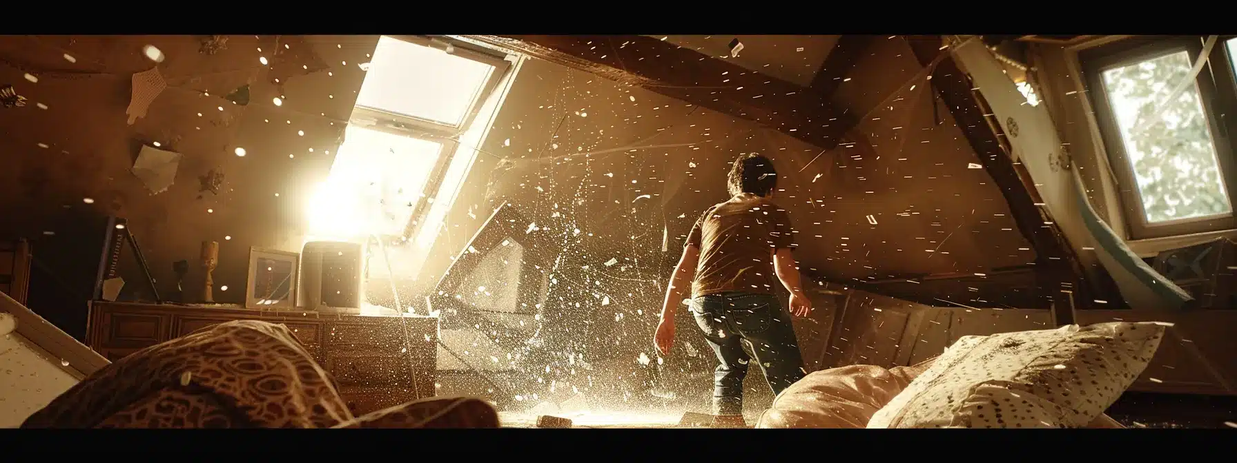 a person rushing to cover furniture and belongings while looking up at a leaking roof.