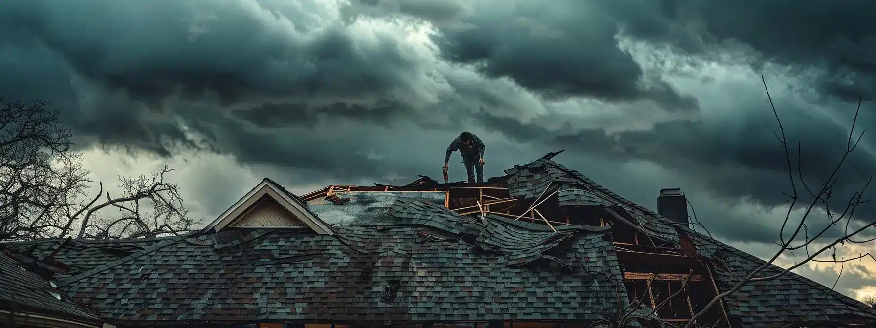 workers frantically repairing a damaged roof under dark, stormy skies.