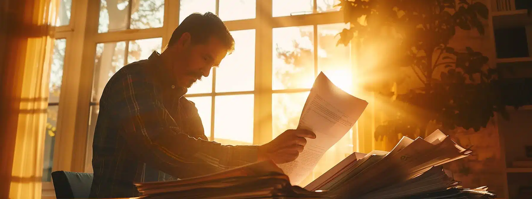 a homeowner carefully reviewing a stack of detailed roof estimate documents in a bright, sunlit room.