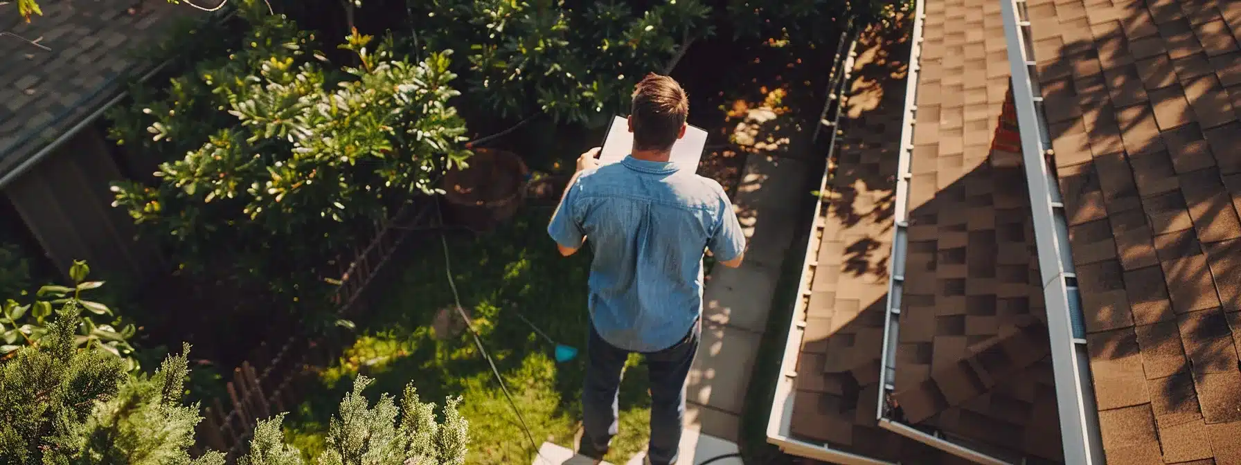 a homeowner standing in their yard, surrounded by shingles, a notebook filled with questions, and a budget spreadsheet, ready to request a roof estimate in austin.