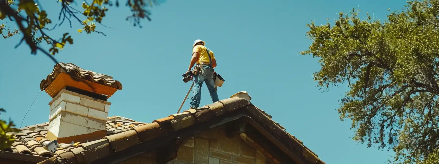 a precise roofing contractor carefully analyzing a steeply pitched, tile-clad roof with challenging accessibility in the bright, sunny austin climate.