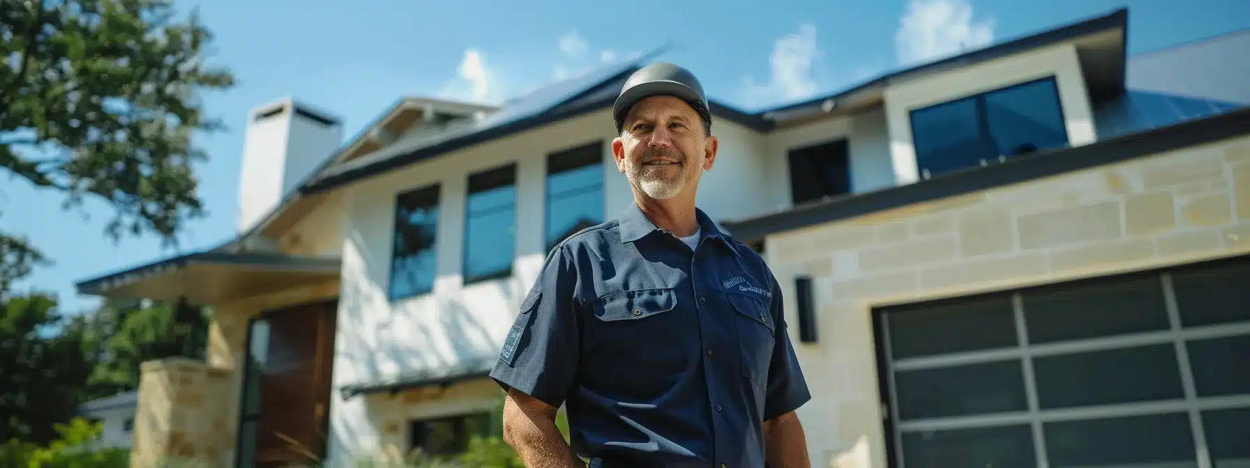 a skilled roofer inspecting a modern house in austin, texas for a roof estimate.