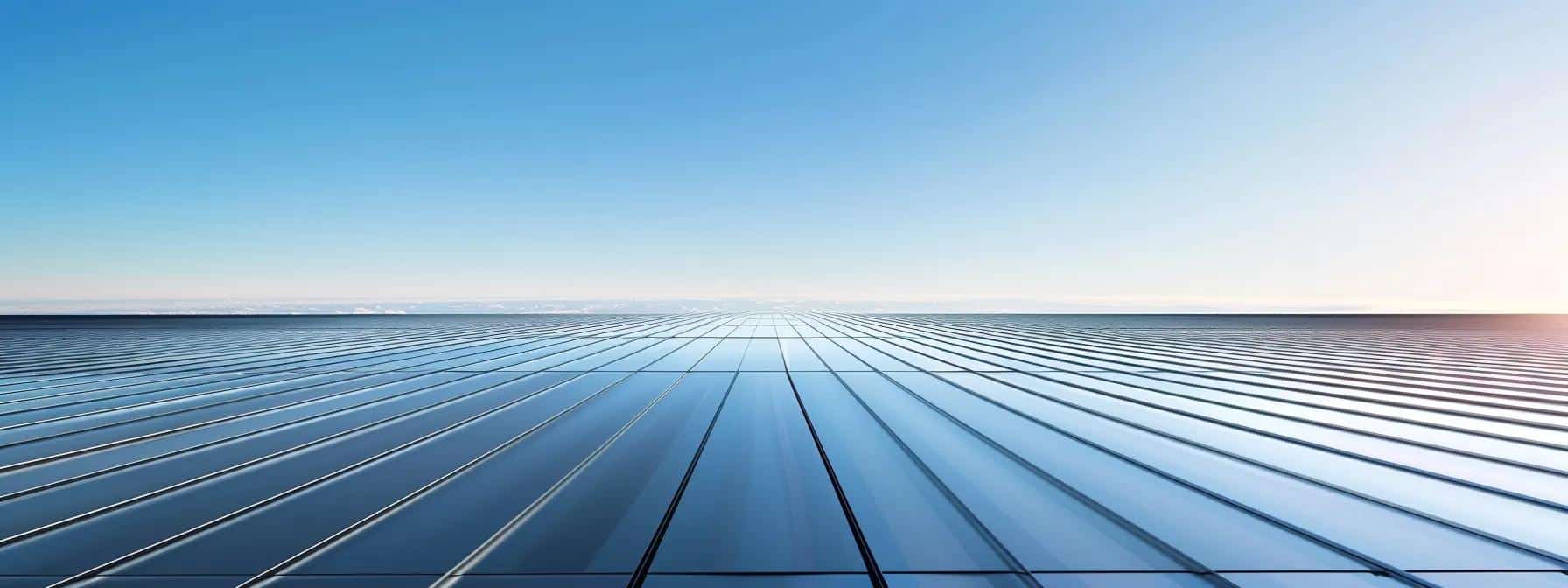 a clean and reflective cool roof under a clear blue sky, showcasing its long-lasting performance and energy efficiency.