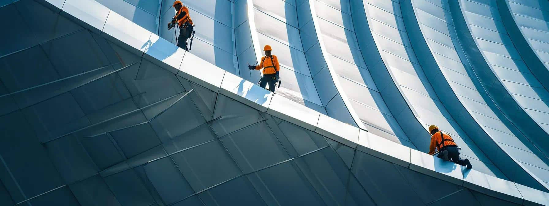 a group of skilled workers applying reflective white coating to a modern, circular roof under the scorching sun.