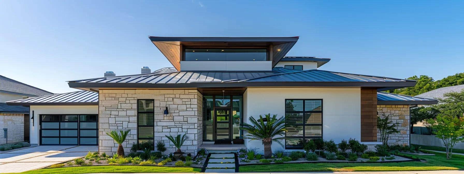 a modern home in round rock with a sleek, white cool roof reflecting the bright sun, showcasing its energy-efficient benefits.