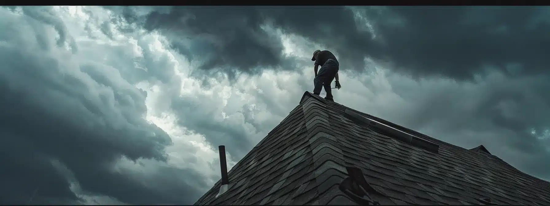 a roofer frantically nailing down shingles under stormy skies in memphis.