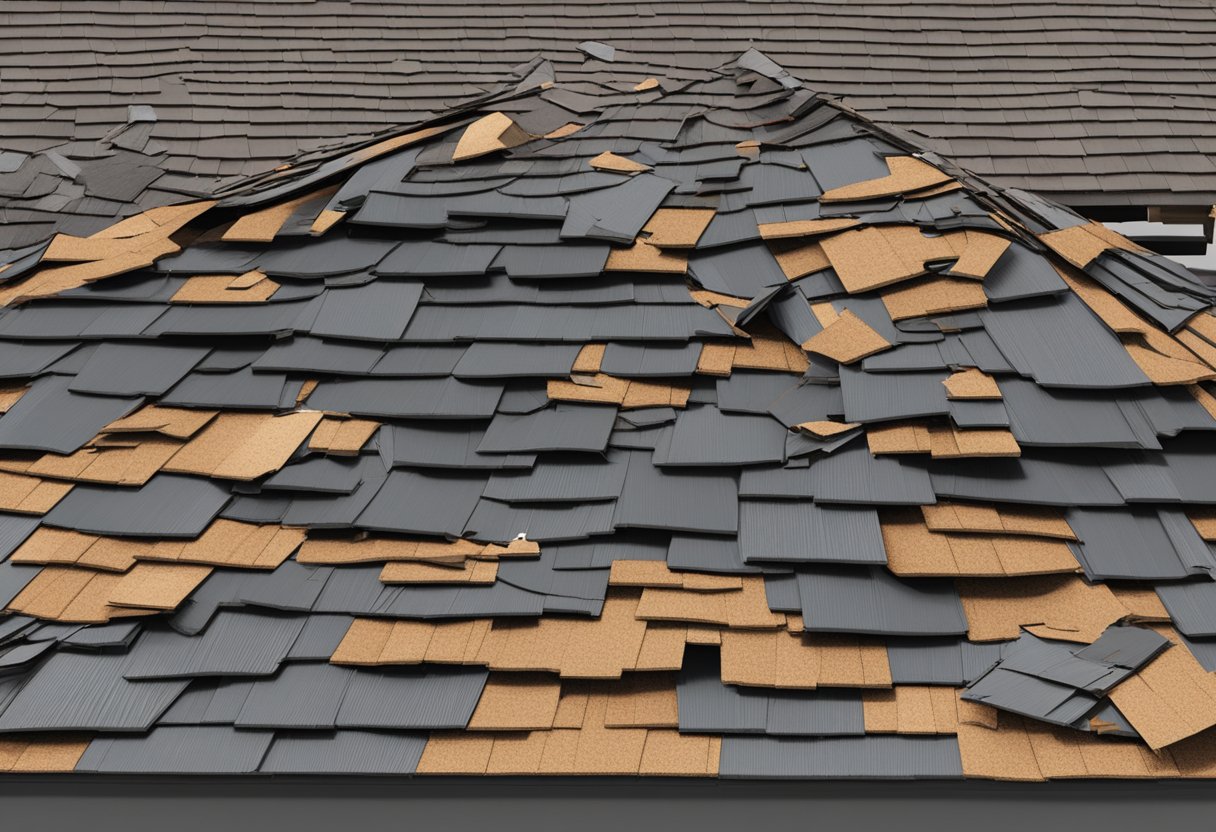 A storm-damaged roof in Austin being inspected for damage, with debris scattered and shingles missing