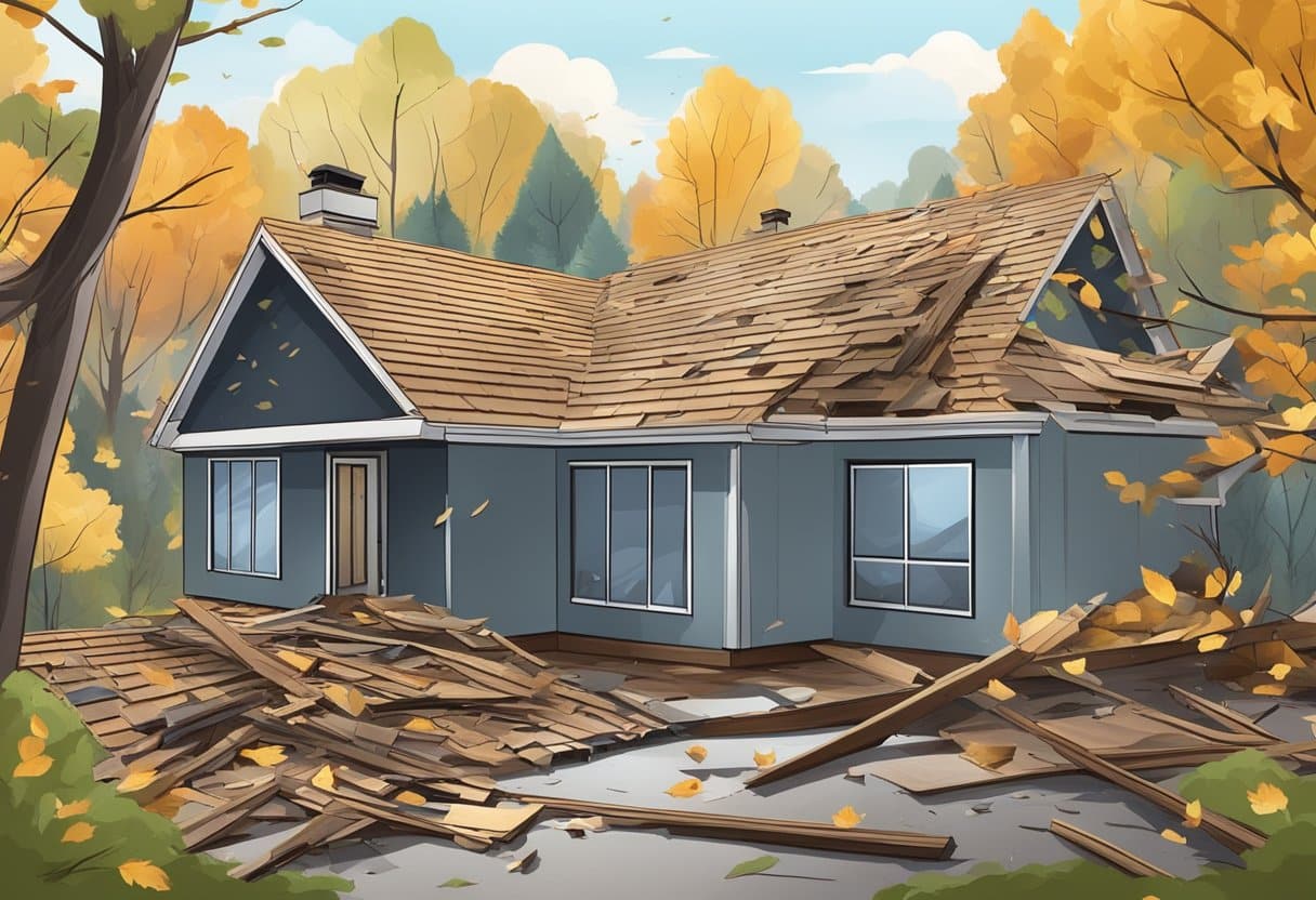 A damaged roof with missing shingles and water stains, surrounded by fallen tree branches and debris