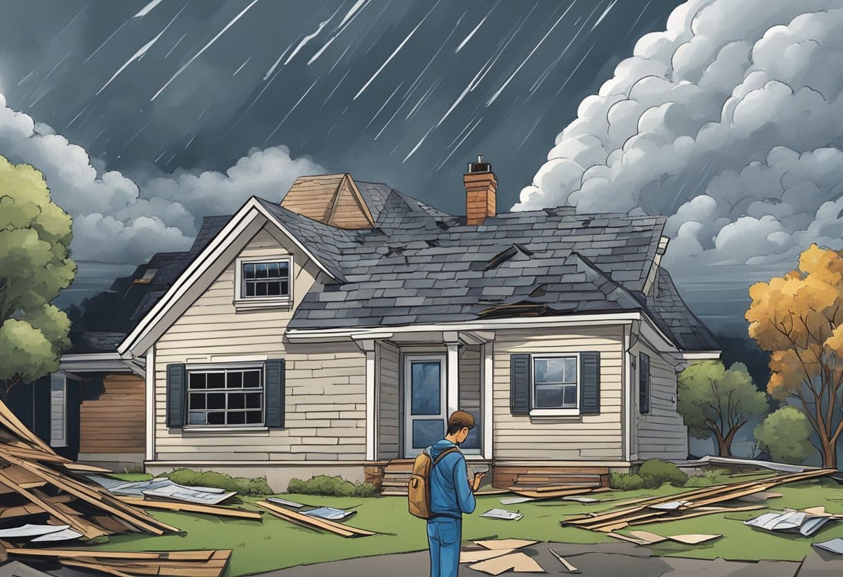 A stormy sky looms over a damaged roof, with shingles scattered on the ground. A worried homeowner looks at a paper labeled "roof claim" while holding a phone with a worried expression