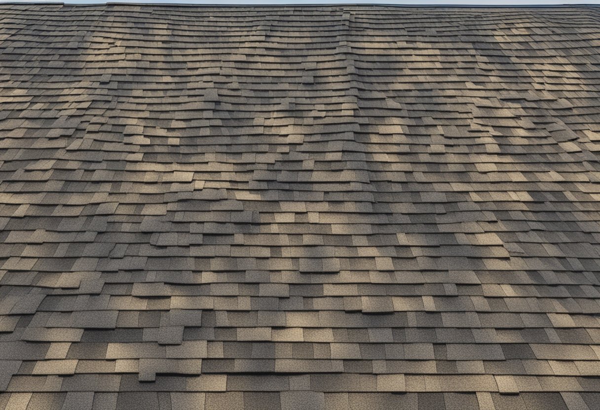 The roof sags in the middle, with visible water stains and discolored areas. Shingles appear warped and uneven, and there are signs of water damage around the affected areas