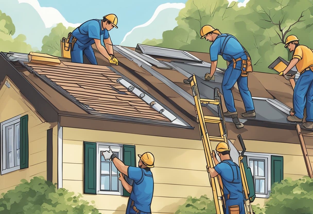 A crew of workers replacing and installing new roofs on houses in Austin, Texas