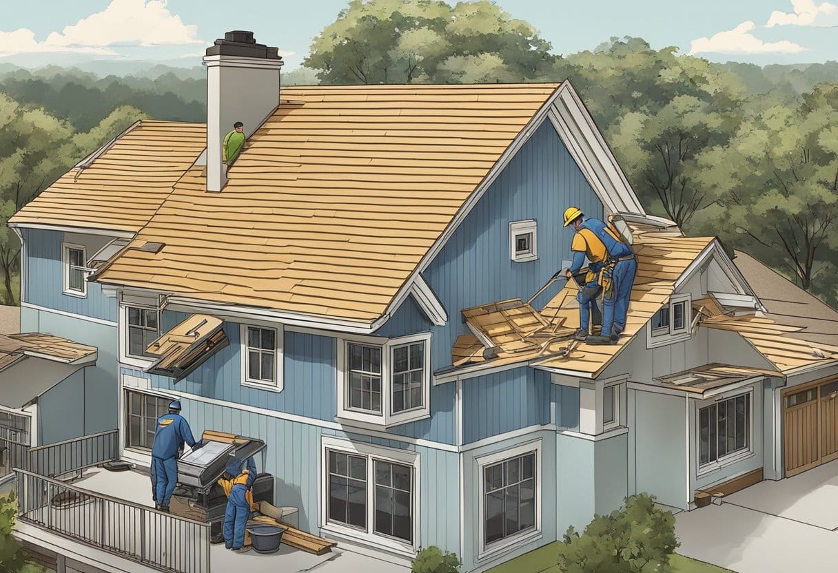 A crew of workers installing a new roof on a house in Austin, Texas, using specialized equipment and materials for replacement and installation