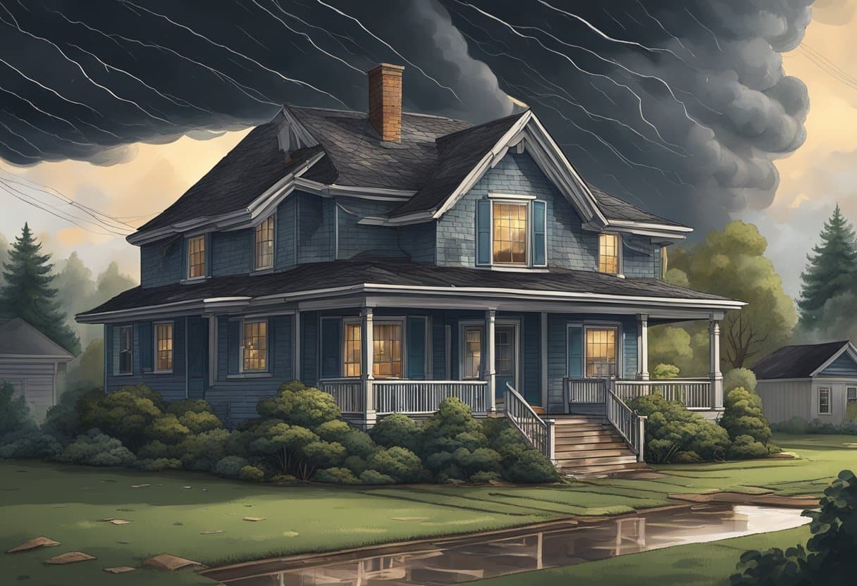 A dark storm cloud looms over a house with missing shingles and water stains on the ceiling. Trees bend in the wind, and debris litters the yard