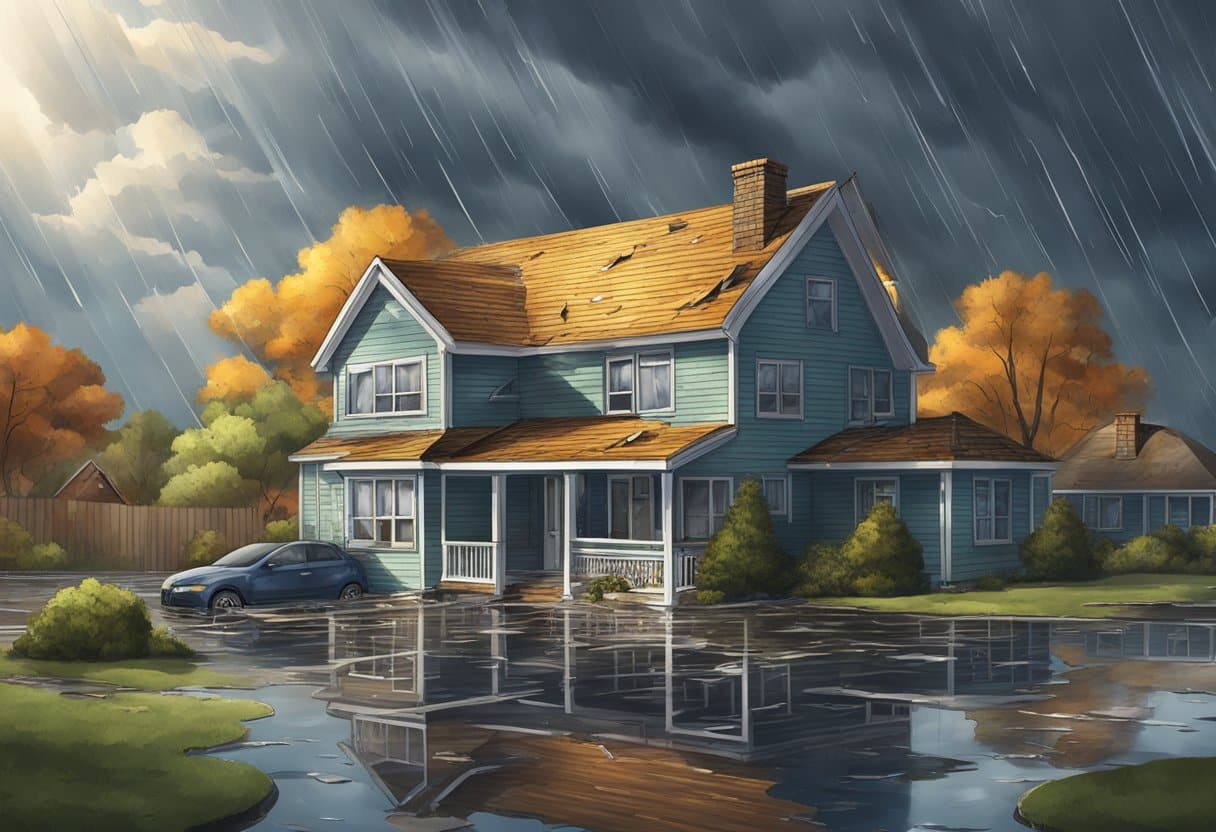 A stormy sky looms above a house with shingles missing and water leaking through the damaged roof, creating a potential hazard