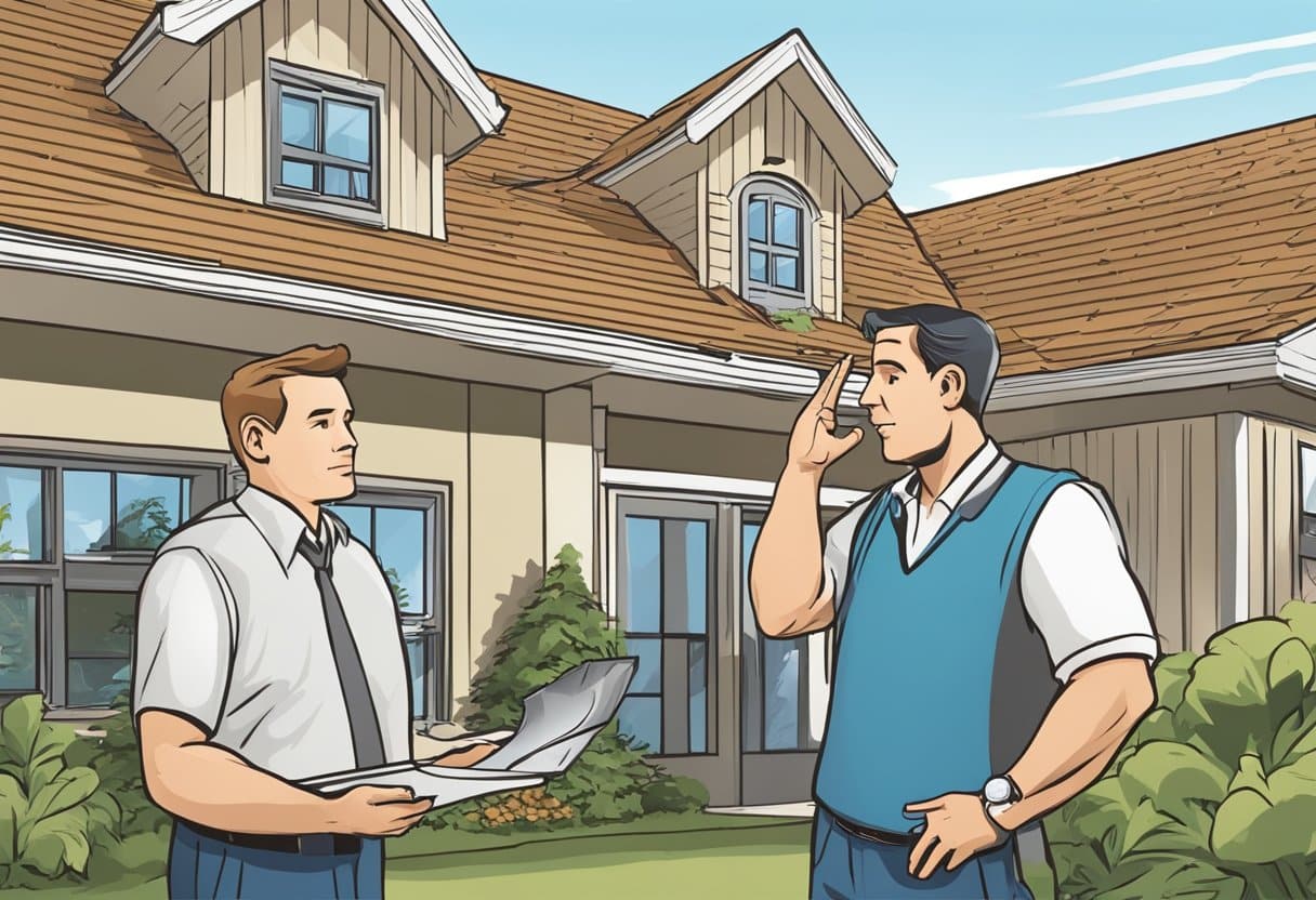 A customer stands in front of a roofing repair company, asking about the cost to repair hail damage to their roof. The company representative listens attentively, ready to provide a detailed response