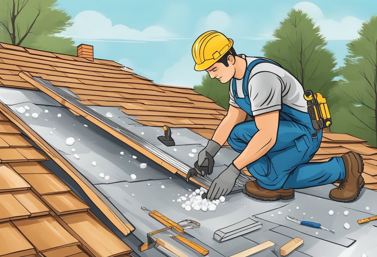 A roof with visible hail damage, tools and materials for DIY repair, and a professional contractor working on the damaged area