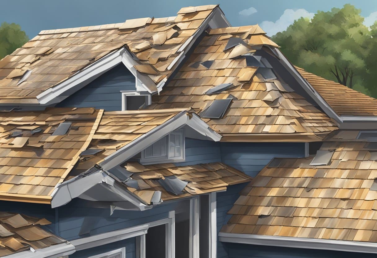 The damaged roof shows broken shingles and dented metal flashing. Debris is scattered around the area. The cost of repair varies based on the material used