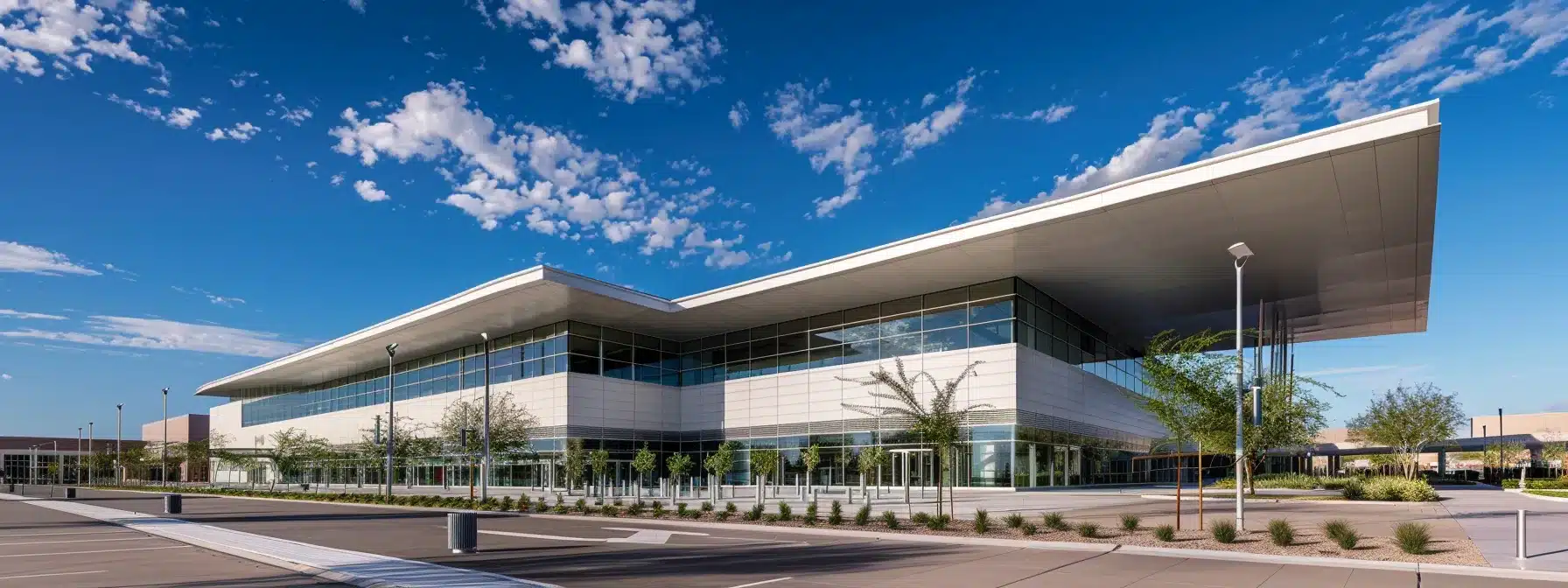 a sleek modern commercial building showcases its expansive flat roof against a vibrant blue sky, emphasizing the architectural efficiency and contemporary design of urban structures.