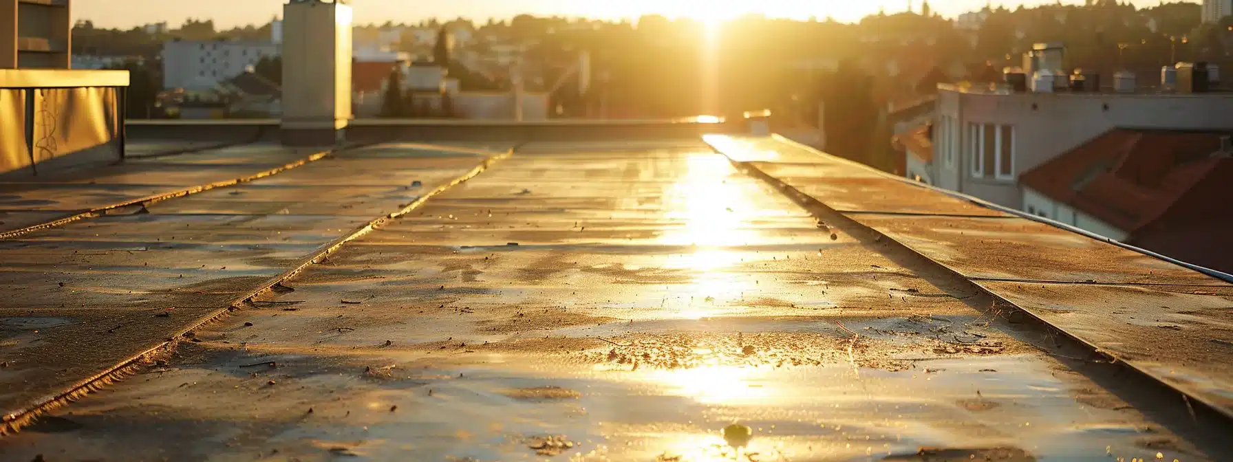 a vibrant, sunlit rooftop showcases a fresh layer of waterproofing material, emphasizing resilience against the elements with contrasting textures of smooth coating and rugged tiles.