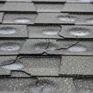 Close-up of asphalt shingles showing hail impact indicators