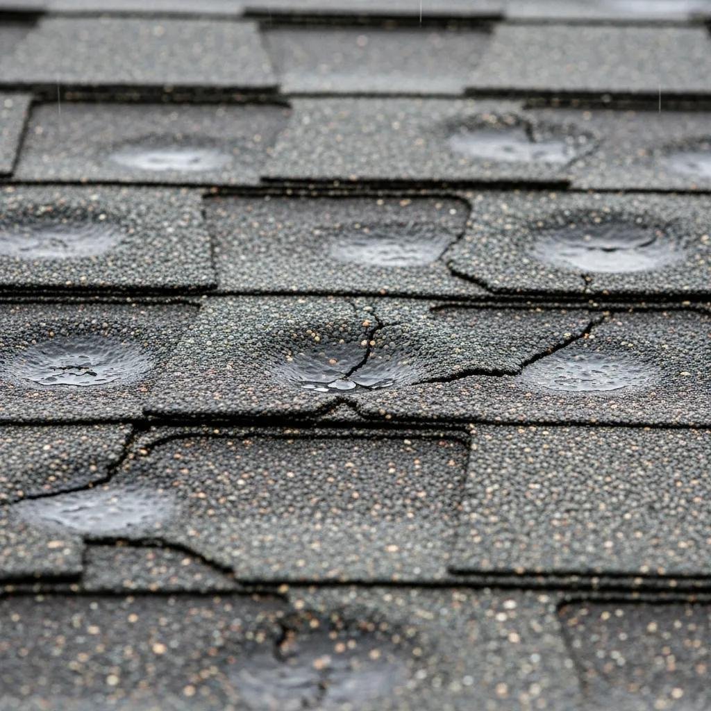 Close-up of asphalt shingles showing hail impact indicators