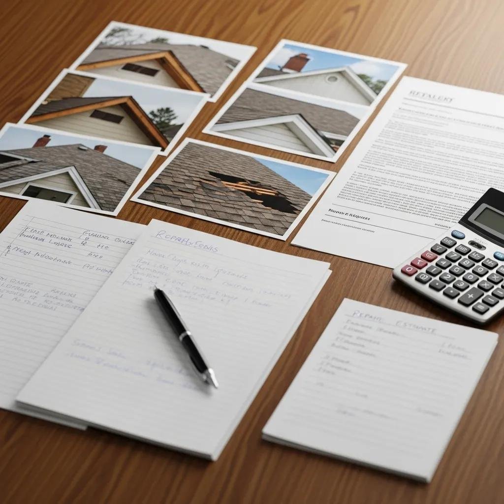 Photographs of roof damage, repair estimates, and notes on filing a roof insurance claim in Texas, with a calculator, illustrating essential documentation for homeowners.