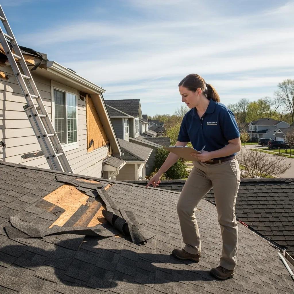 Insurance adjuster inspecting roof damage after storm, documenting missing shingles and repair needs for insurance claim process.