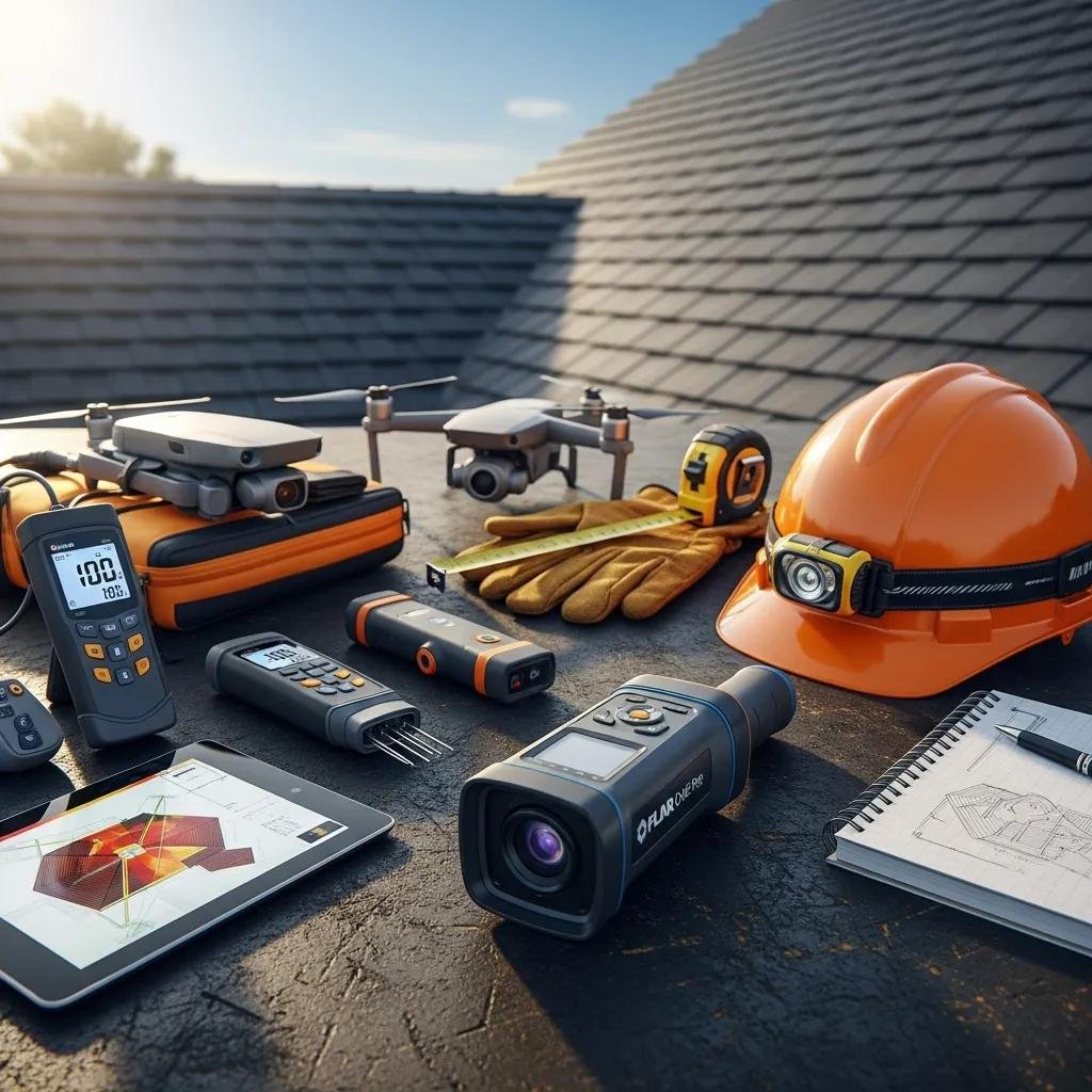 Tools used for professional roof inspection including moisture detection devices and infrared cameras