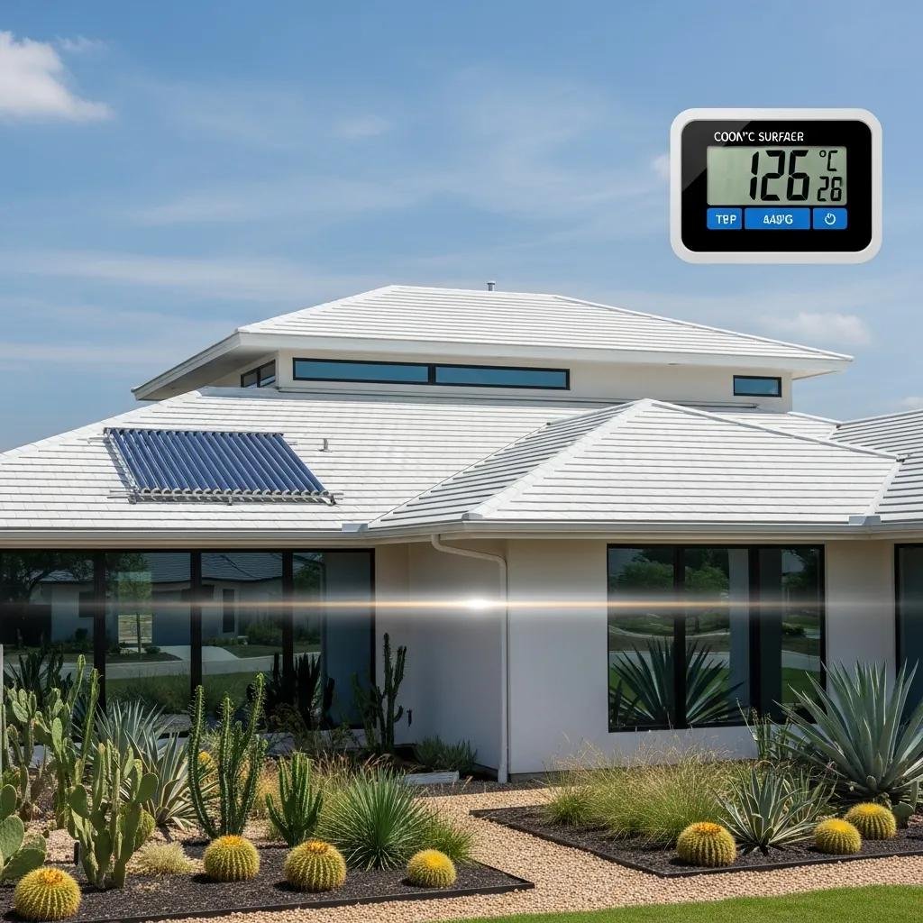 Cool roof installation on a Texas home with solar panels, showcasing energy efficiency and outdoor landscaping, featuring temperature display indicating surface and ambient temperatures.