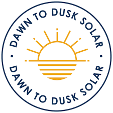 Dawn to Dusk Solar logo featuring a stylized sun, symbolizing solar energy solutions for roofing projects.