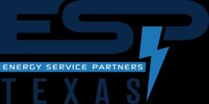 ESP Texas logo featuring the text "Energy Service Partners" and a lightning bolt, representing solar energy solutions and roofing services.