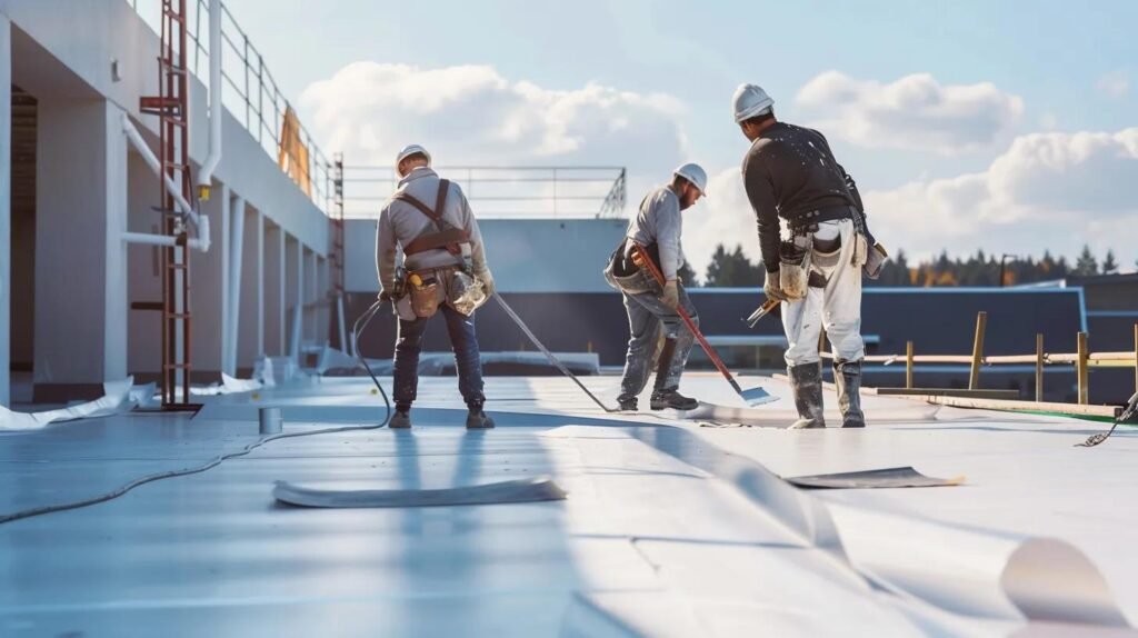 Professional roofers installing TPO roofing on a commercial building, highlighting the installation process