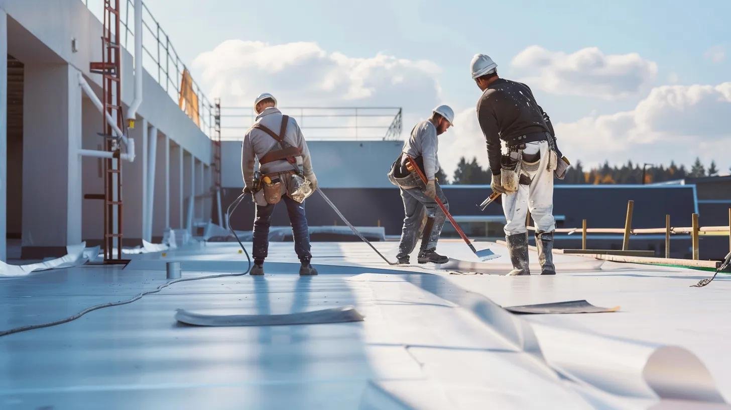 Professional roofers installing TPO roofing on a commercial building, highlighting the installation process