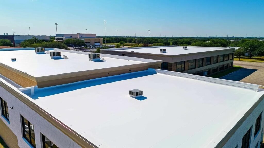 Commercial building in Texas featuring energy-efficient TPO roofing under bright sunlight
